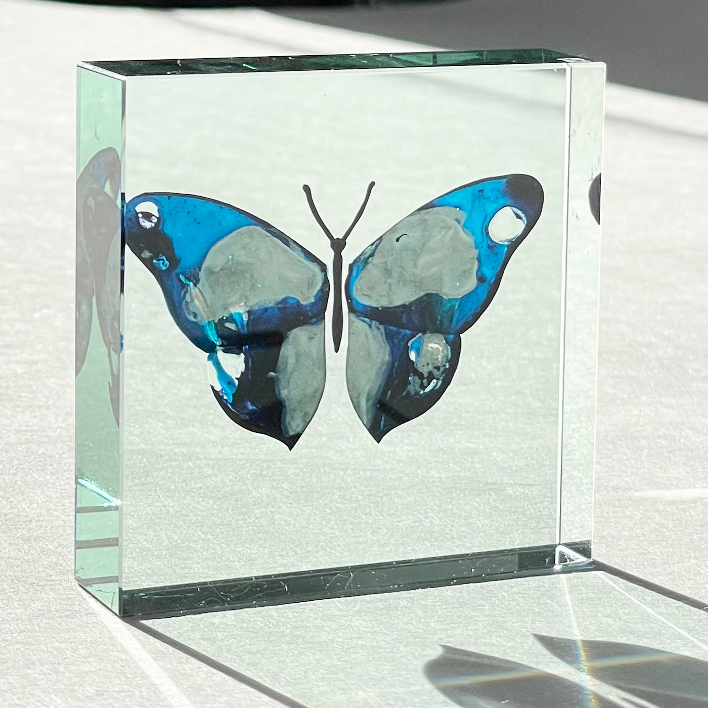 One Off Medium Paperweight Butterfly Blue Silver spots
