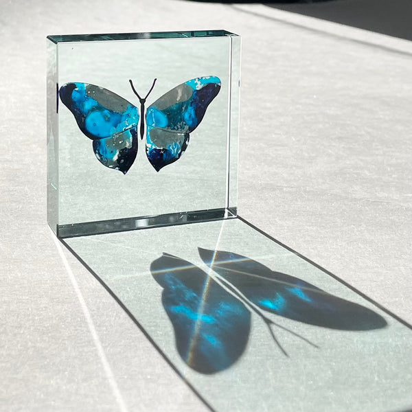 One-Off Medium Paperweight Butterfly Silver Blue